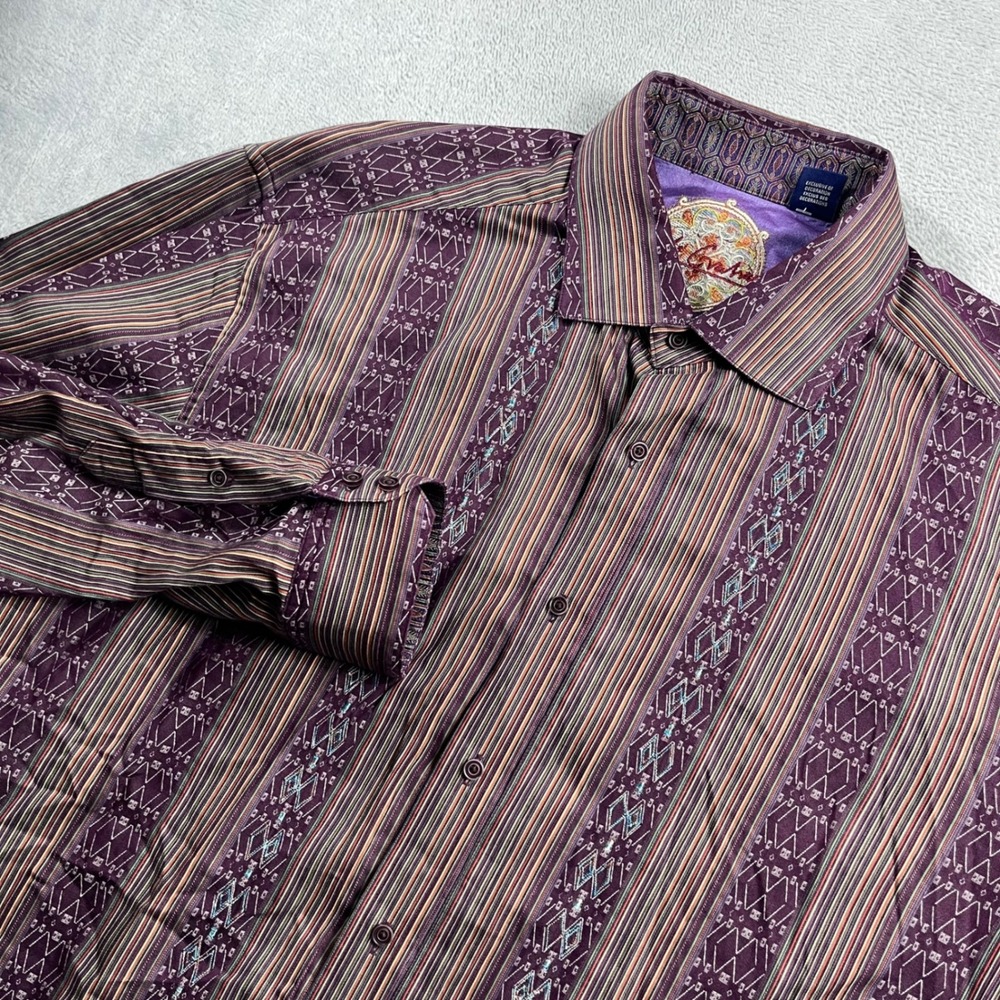 Robert Graham Mens 2XL Purple Striped Geometric Silk Trim Button Down Shirt